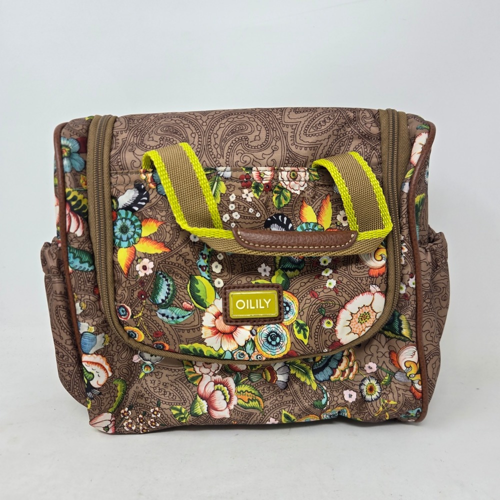 Oilily Floral Paisley Hanging Toiletry Bag Travel Makeup Case Brown Multi
